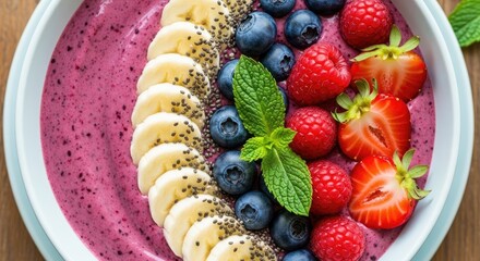 Delicious and Healthy Smoothie Bowl with Fresh Berries and Banana.