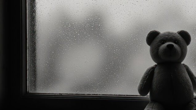 A teddy bear sits by a rain-streaked window, gazing out at the blurred, monochrome world