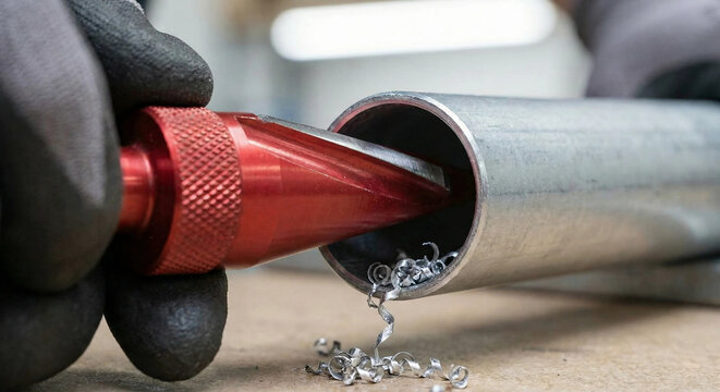 Worker deburring inside of metal conduit pipe with reaming tool