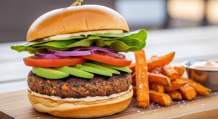 Delicious Gourmet Burger with Sweet Potato Fries.