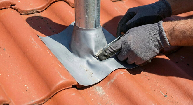 Roofer dressing lead flashing around pipe penetration on tile roof