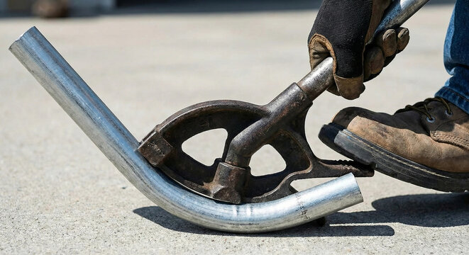 Electrician bending metal conduit pipe with manual bender tool on concrete