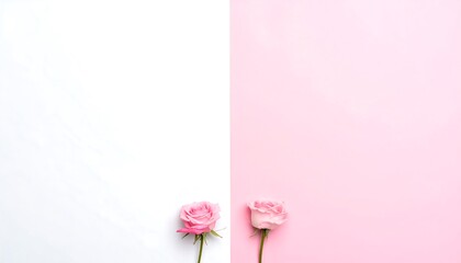 Two pink roses lay at the bottom edge of a white and pink split background in a minimalist flat lay