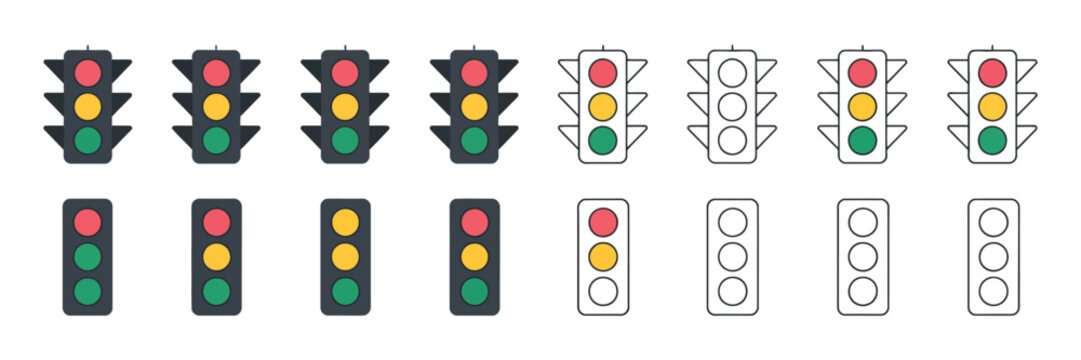 Traffic lights icon set, stoplight signs with red yellow and green, street semaphore vector symbol.