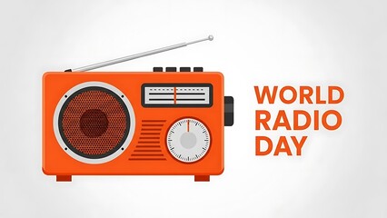 Bright orange vintage portable radio featuring an extendable antenna celebrating the annual world radio day broadcast event with bold text graphics