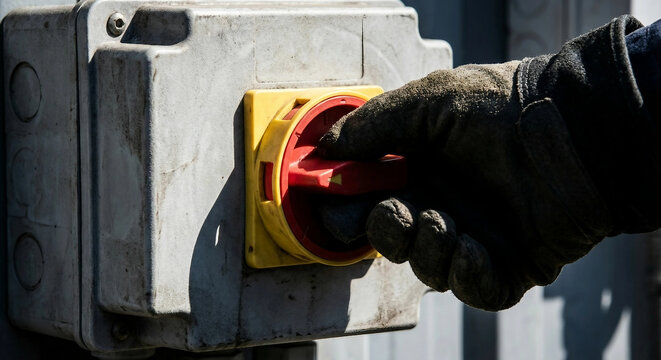 Gloved hand turning red rotary safety isolator switch on industrial box