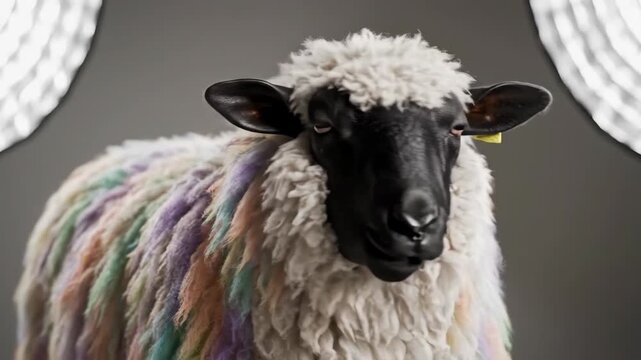 Closeup of a blackfaced sheep with multicolored wool likely staged in a studio with soft lighting