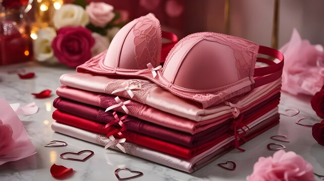 Stack of Folded Red Lingerie Sets for Valentine&rsquo;s Day Display, Fashion Retail Concept