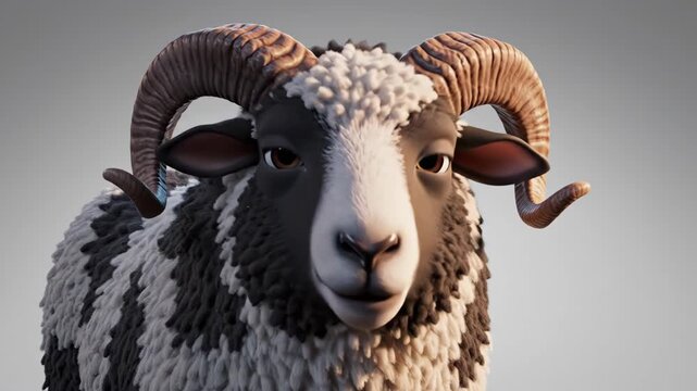 Cartoon ram with curving horns contrasting fur and a light gray background