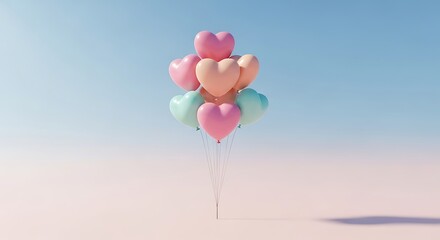 Fototapeta premium Pastel Heart-Shaped Balloons Floating in Clear Blue Sky with Soft Pink Ground
