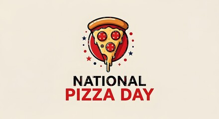 Naklejka premium National pizza day logo with a slice of pizza and festive design elements on a beige background