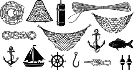 Nautical illustration set, lifebuoy, anchors, fishing nets, ship wheel, rope knots, sailboat, maritime symbols, fishing hook, buoys, vector artwork, ocean theme © Monjurul Creatives