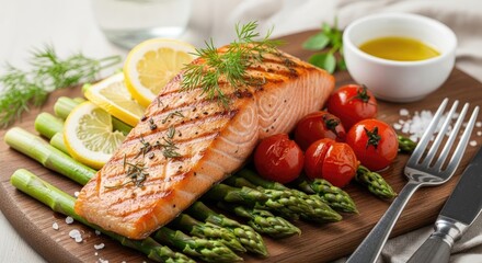 Grilled Salmon with Asparagus and Tomatoes.