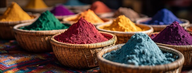 Colorful powder in woven baskets arranged on a vibrant market table during Holi festival celebration  