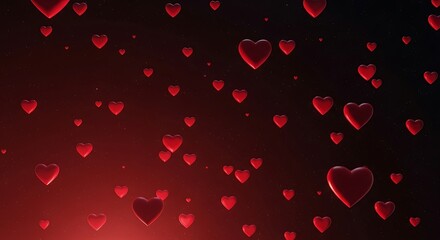 Red Hearts Floating in Dark Space with Red Gradient Background