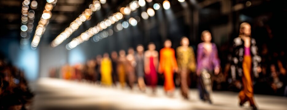 Models walking on the catwalk during a fashion show with spotlights  