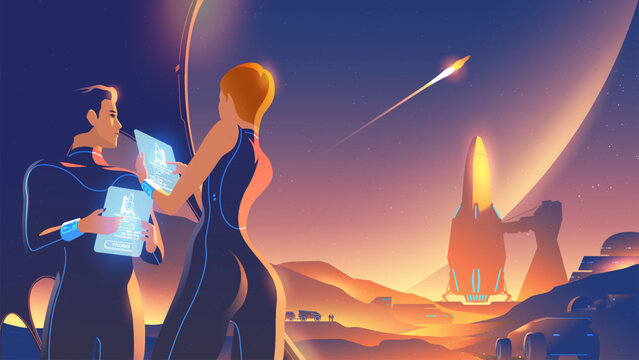 Vector illustration of Space Colony base with astronauts planning mission on holographic tablets