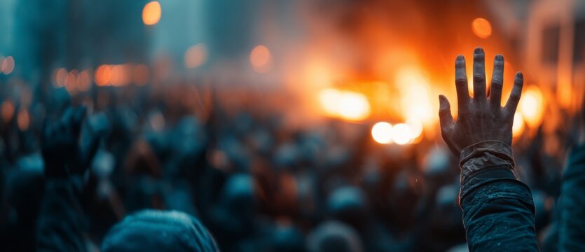 People protesting with raised hands amidst fire and smoke on street  