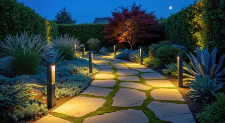 Illuminated Garden Pathway at Dusk.