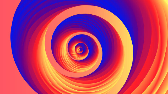 Abstract 3D spiral background with vibrant orange, red, and blue color gradient.A stunning abstract 3D illustration featuring a hypnotic spiral tunnel with a vibrant gradient of fire orange, deep red