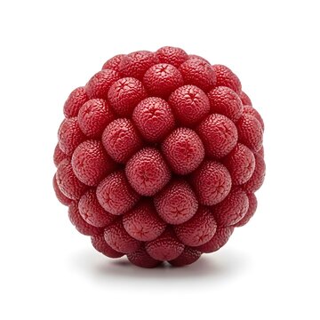 Close up of a single red raspberry fruit on white background food