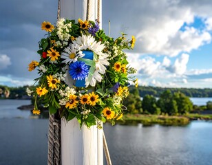 A vibrant floral wreath adorns a white pole with a seascape backdrop. Lush greenery and wildflowers bloom