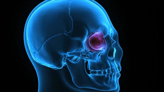 Rotating Skull X-ray with Highlighted Eye Socket.