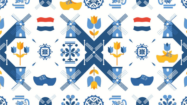 Vibrant Dutch-themed pattern with windmills, tulips, and traditional Dutch symbols in blue, yellow, and red on a white background.