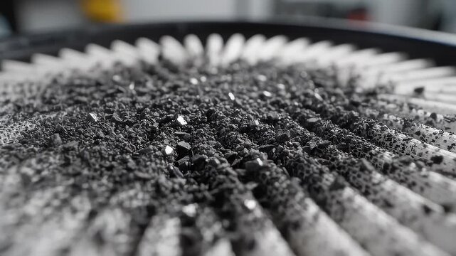 Activated Carbon Being Poured Onto Pleated Air Filter Surface