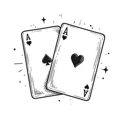 Two playing cards, an Ace of Spades and an Ace of Hearts, are depicted in a stylized, engraved, black-and-white illustration