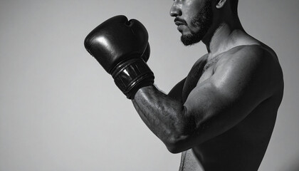 Half body portrait of a faceless male boxer in boxing gloves, side profile pose background