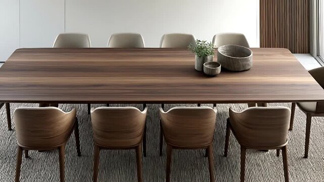 Modern dining setup with wooden table and chairs, decorative bowls, and plants in a minimalist room from a straight-on viewpoint