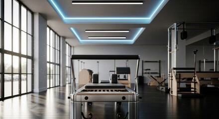 Modern Gym Interior with Large Windows.