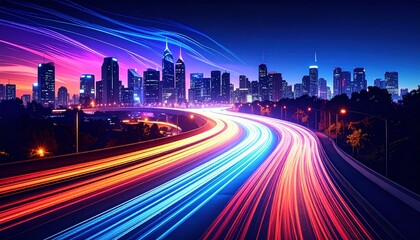 Road line color swirl light motion speed traffic city night.