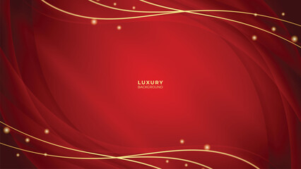 Red Luxury Background With Lines Golden waves and Glitter Effect. Elegant style vector design