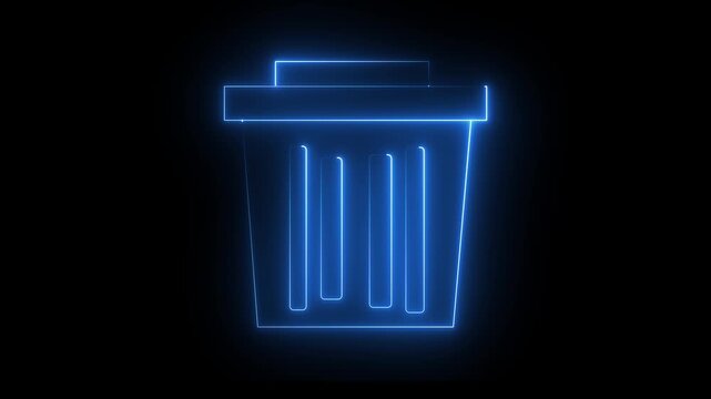 Neon  glowing blue color delete animation icon trash rubbish remove animated on black background. 4k video.