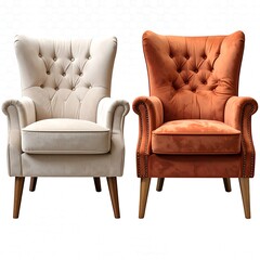 Two plush, tufted armchairs, one beige, one orange, against a white background, exuding comfort and sophisticated style