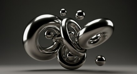 Intertwined Chrome Rings and Spheres: Abstract 3D Metallic Sculpture