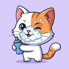 Cartoon cat with shaving cream on face holding blue can playful grooming scene humorous illustration pastel purple background cute animal character