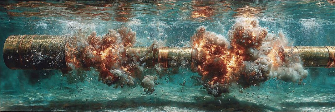 Powerful underwater explosion creates massive water and fire plumes around a golden pipe