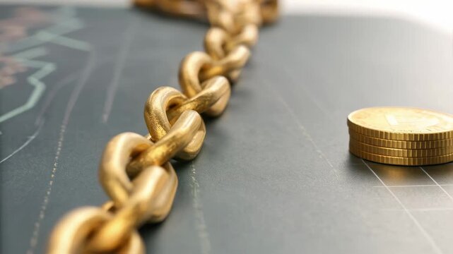 Gold Chain Symbolizes Strength in Supply Chain with Coins on Financial Chart Economy and Financial Concepts Explored