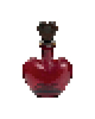 Naklejka premium Vector heart-shaped potion bottle icon, glossy ruby liquid glowing inside glass, fantasy alchemy symbol for game UI, romance magic, love spell, isolated on white, clean minimal design. Alchemistry