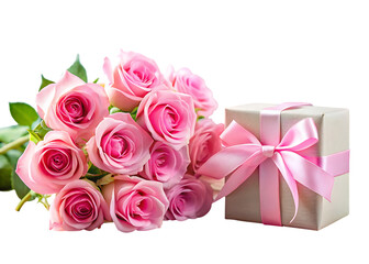 Pink roses bouquet with gift box pink ribbon