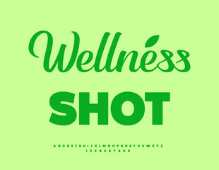 Fototapeta premium Vector Green label Wellness Shot. Modern Classic Font. Bright Uppercase Alphabet Letters and Number set.
