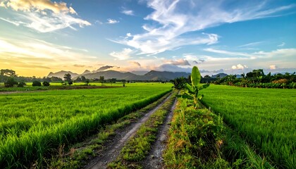 A vibrant, expansive landscape showcases verdant rice fields under a brilliant sky filled with fluffy clouds as the sun sets. A dirt path leads