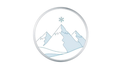 Fototapeta premium Minimalist blue and white mountain range icon with snowflake, circular silver metallic frame, isolated PNG with Transparent Background