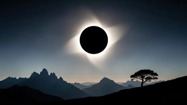 Total Solar Eclipse Over Mountains: Silhouette Tree, Corona, Night Sky