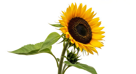 Obraz premium vibrant blooming sunflower yellow petals green leaves small bud isolated on white symbolizing summer and growth.