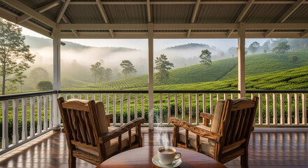 Fototapeta premium Serene morning mist over a lush tea plantation viewed from a cozy porch with steaming tea.