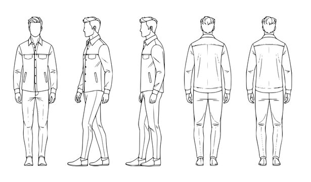 Fashion Template Male Walking Figure Vector 6-Point View 9-Head Outline